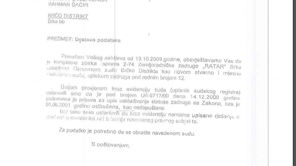 Odgovor Opcinskog suda iz 2009- Ratar